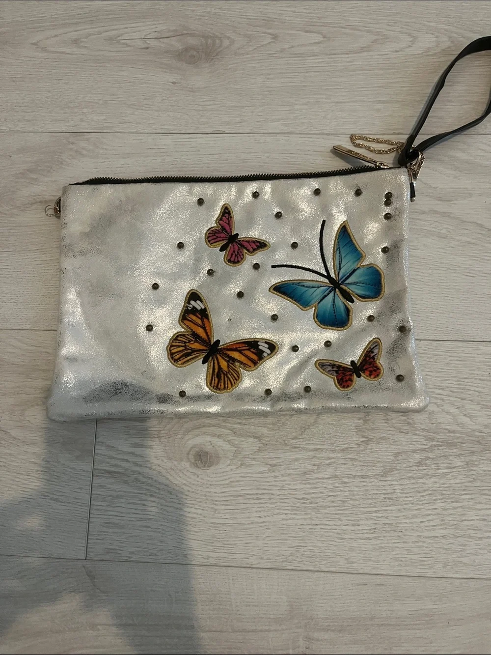 Butterfly Embroidered Silver Wristlet Pouch